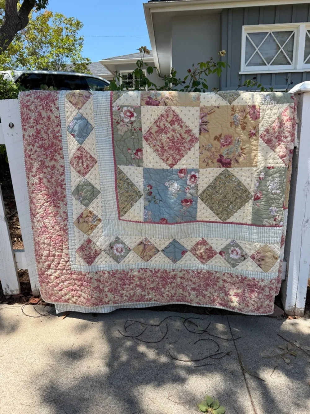 L.L. Bean Patchwork Country Quilt Reversible Floral Ticking Stripe Gauzy FLAWS